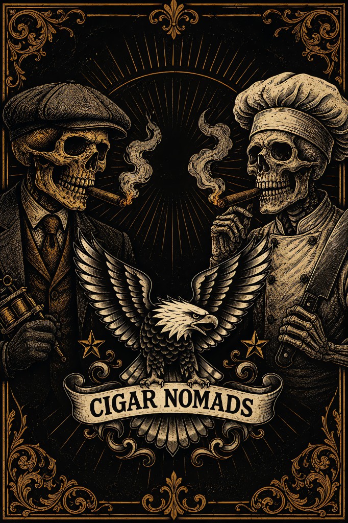 Cigar Nomads crest artwork with twin skeletons, eagle, and cigars