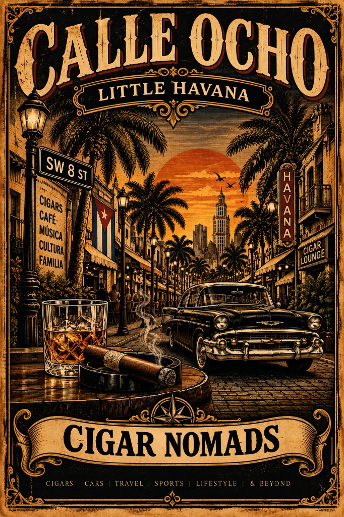 Calle Ocho Little Havana poster art with classic car, cigars, and Cuban flag