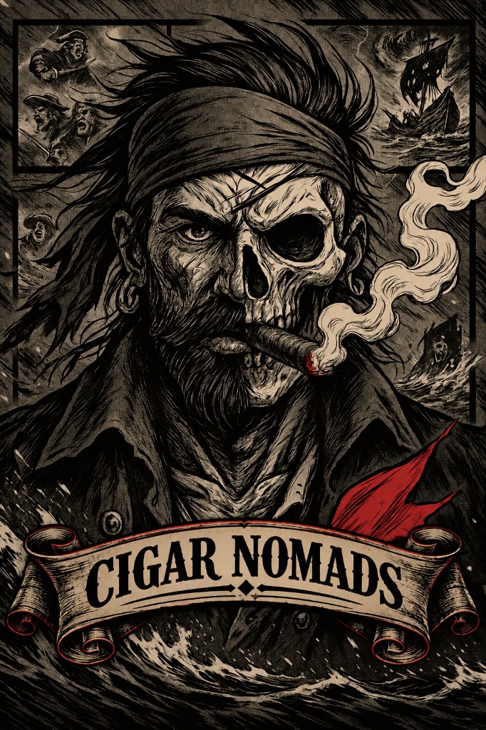 Cigar Nomads pirate artwork with half-skull portrait and cigar smoke